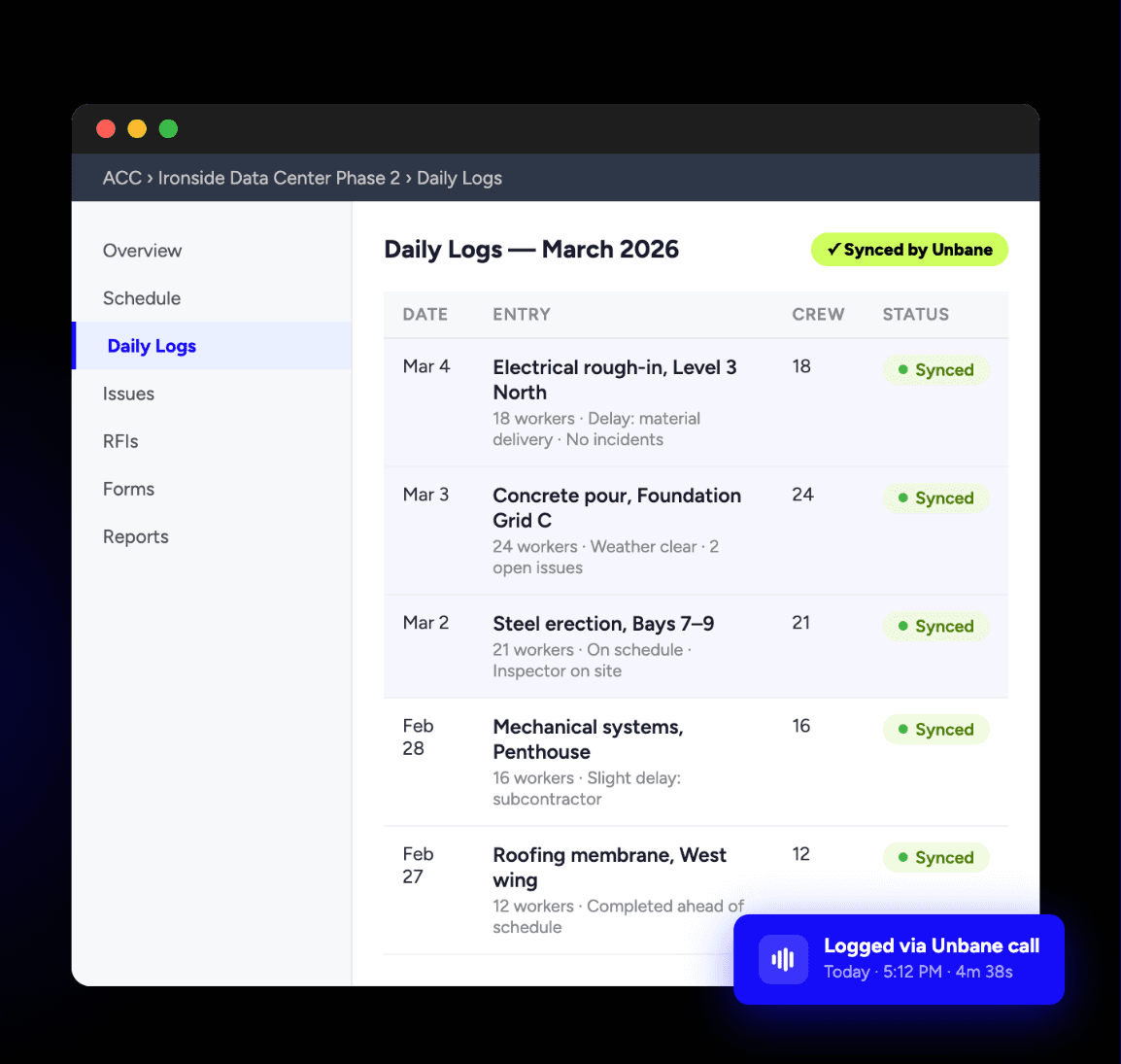 Unbane dashboard showing daily logs synced to Autodesk Construction Cloud